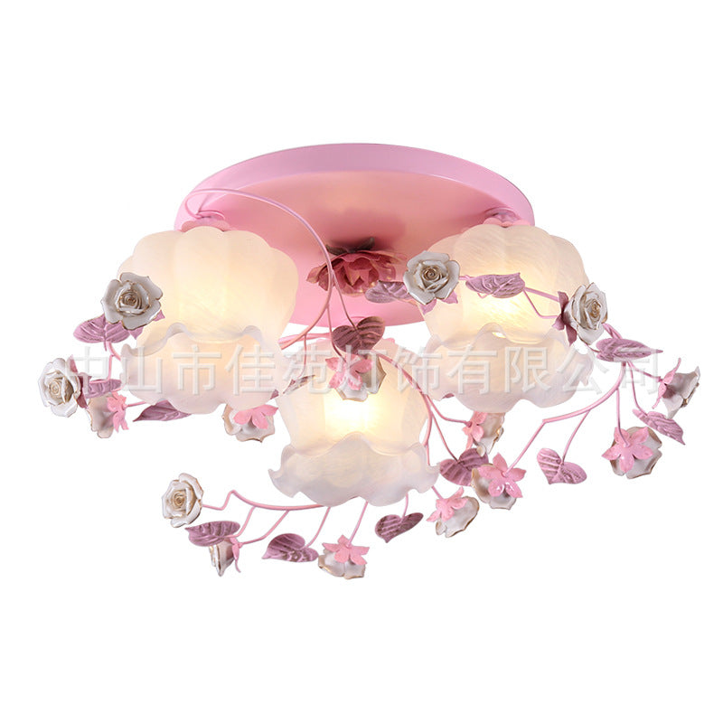 Traditionelle französische florale Rose Gras Glas Eisen 3/5 Licht Semi-Flush Deckenleuchte für Wohnzimmer 