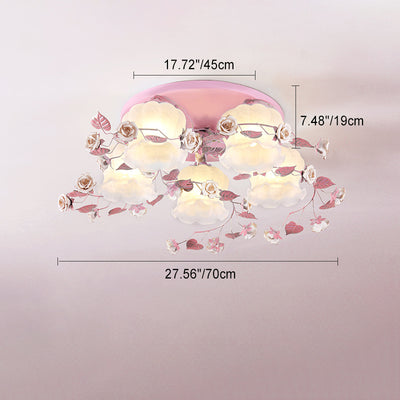 Traditionelle französische florale Rose Gras Glas Eisen 3/5 Licht Semi-Flush Deckenleuchte für Wohnzimmer 
