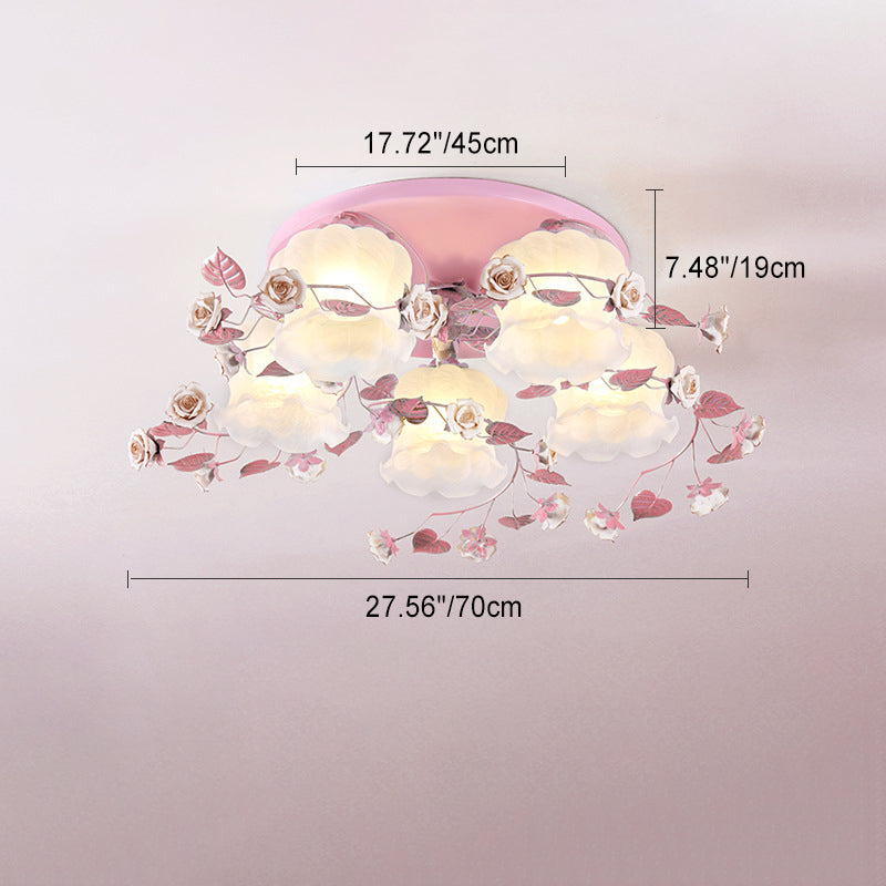 Traditionelle französische florale Rose Gras Glas Eisen 3/5 Licht Semi-Flush Deckenleuchte für Wohnzimmer 