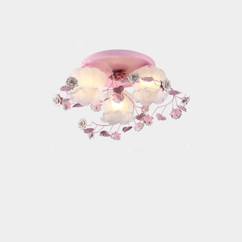 Traditionelle französische florale Rose Gras Glas Eisen 3/5 Licht Semi-Flush Deckenleuchte für Wohnzimmer 