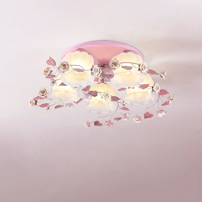 Traditionelle französische florale Rose Gras Glas Eisen 3/5 Licht Semi-Flush Deckenleuchte für Wohnzimmer 