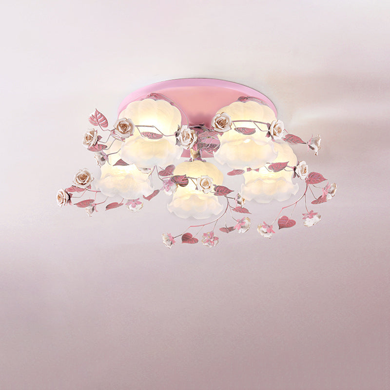 Traditionelle französische florale Rose Gras Glas Eisen 3/5 Licht Semi-Flush Deckenleuchte für Wohnzimmer 