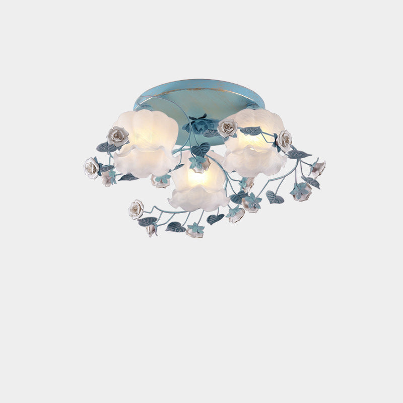 Traditionelle französische florale Rose Gras Glas Eisen 3/5 Licht Semi-Flush Deckenleuchte für Wohnzimmer 
