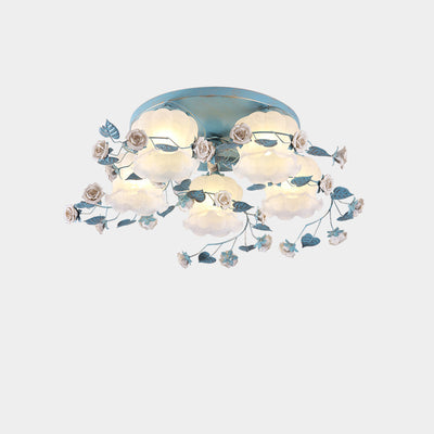 Traditionelle französische florale Rose Gras Glas Eisen 3/5 Licht Semi-Flush Deckenleuchte für Wohnzimmer 