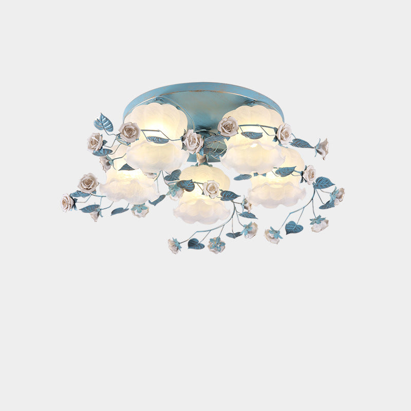 Traditionelle französische florale Rose Gras Glas Eisen 3/5 Licht Semi-Flush Deckenleuchte für Wohnzimmer 
