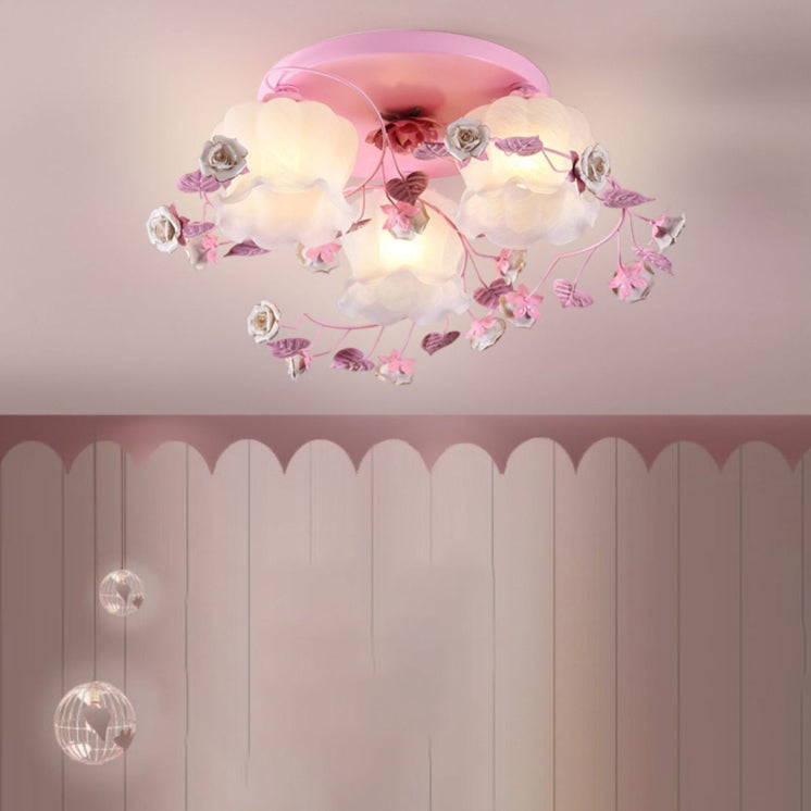 Traditionelle französische florale Rose Gras Glas Eisen 3/5 Licht Semi-Flush Deckenleuchte für Wohnzimmer 