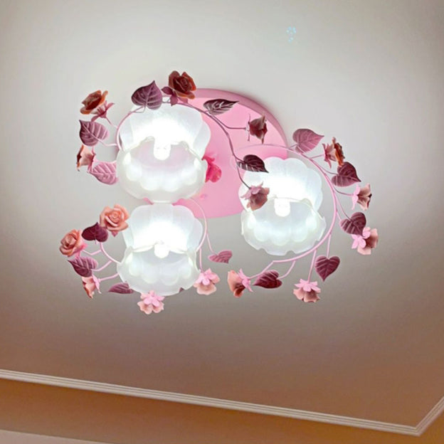 Traditionelle französische florale Rose Gras Glas Eisen 3/5 Licht Semi-Flush Deckenleuchte für Wohnzimmer 