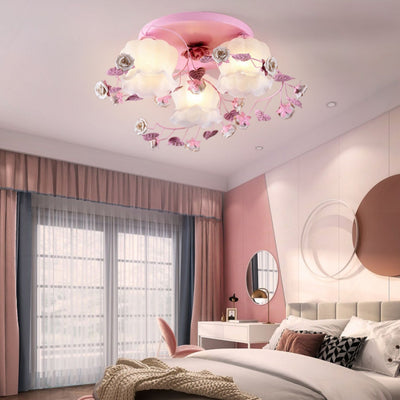 Traditionelle französische florale Rose Gras Glas Eisen 3/5 Licht Semi-Flush Deckenleuchte für Wohnzimmer 