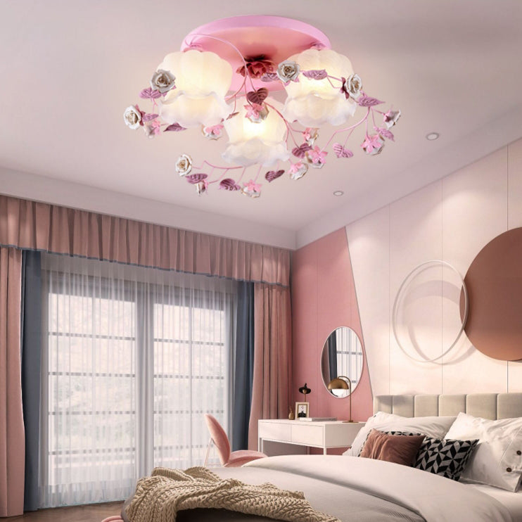 Traditionelle französische florale Rose Gras Glas Eisen 3/5 Licht Semi-Flush Deckenleuchte für Wohnzimmer 