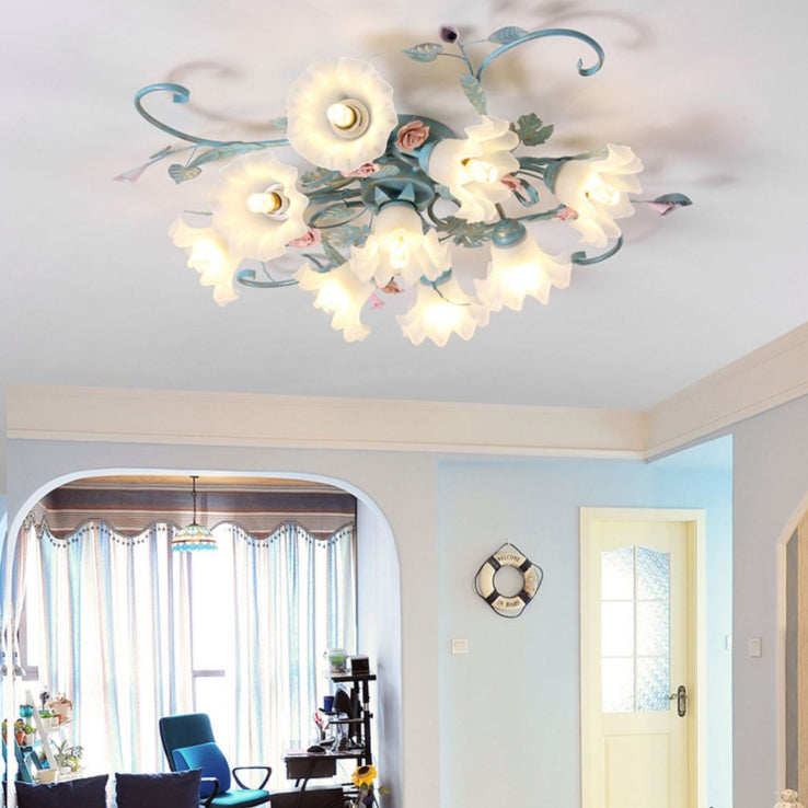Traditionelle rustikale florale Rosenblatt Glas Eisen 4/5/6/9 Licht Semi-Flush-Mount-Deckenleuchte für Wohnzimmer 