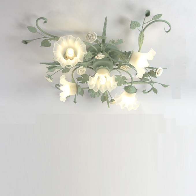 Traditionelle rustikale florale Rosenblatt Glas Eisen 4/5/6/9 Licht Semi-Flush-Mount-Deckenleuchte für Wohnzimmer 