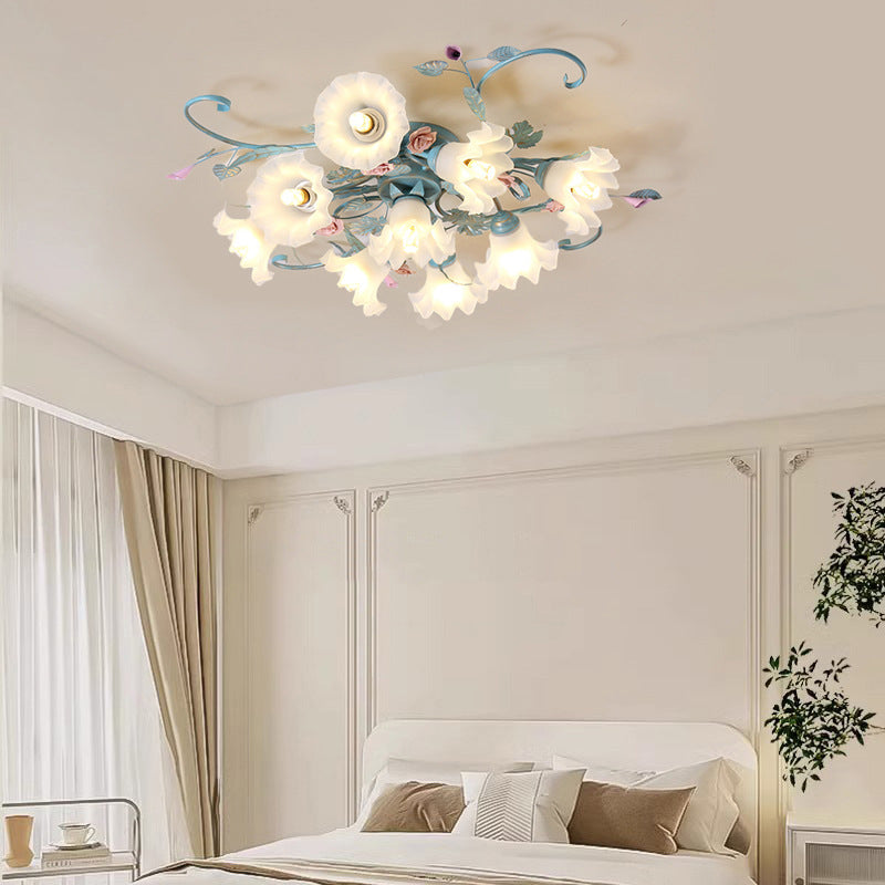Traditionelle rustikale florale Rosenblatt Glas Eisen 4/5/6/9 Licht Semi-Flush-Mount-Deckenleuchte für Wohnzimmer 