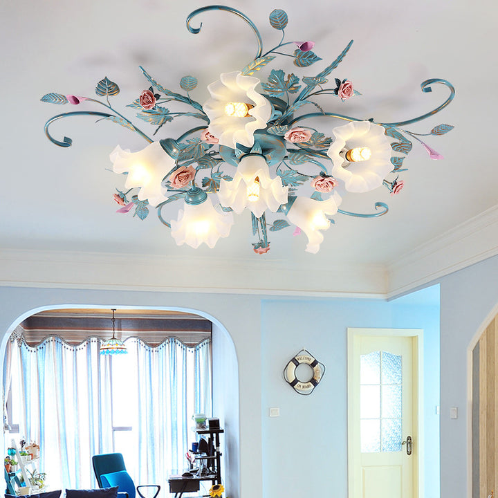 Traditionelle rustikale florale Rosenblatt Glas Eisen 4/5/6/9 Licht Semi-Flush-Mount-Deckenleuchte für Wohnzimmer 