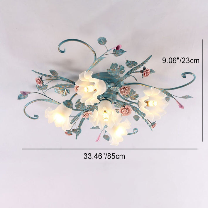 Traditionelle rustikale florale Rosenblatt Glas Eisen 4/5/6/9 Licht Semi-Flush-Mount-Deckenleuchte für Wohnzimmer 