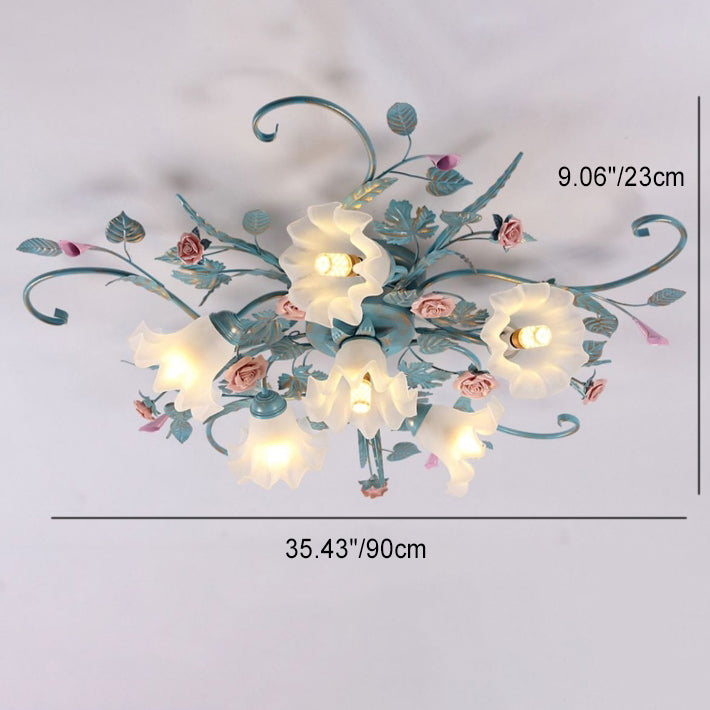 Traditionelle rustikale florale Rosenblatt Glas Eisen 4/5/6/9 Licht Semi-Flush-Mount-Deckenleuchte für Wohnzimmer 