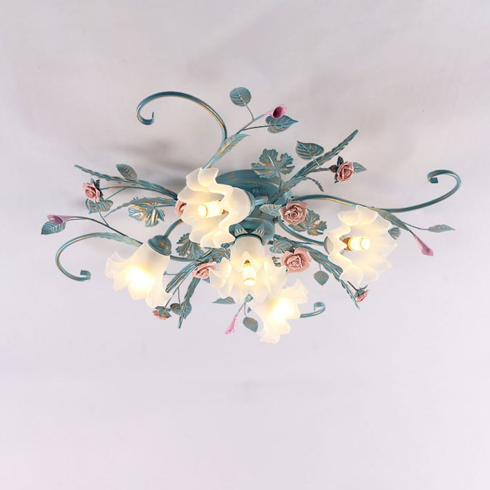 Traditionelle rustikale florale Rosenblatt Glas Eisen 4/5/6/9 Licht Semi-Flush-Mount-Deckenleuchte für Wohnzimmer 