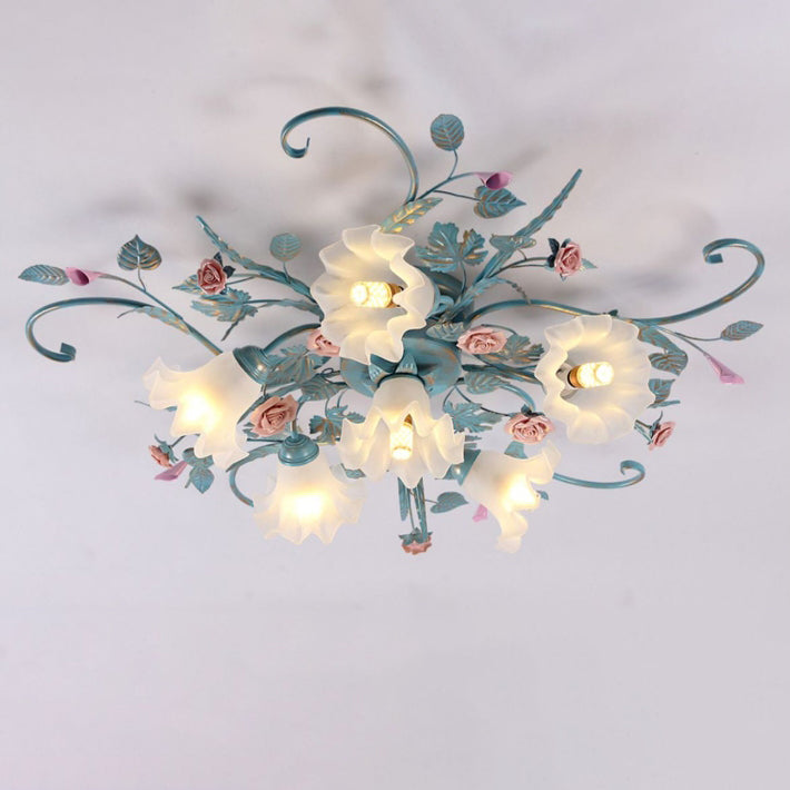 Traditionelle rustikale florale Rosenblatt Glas Eisen 4/5/6/9 Licht Semi-Flush-Mount-Deckenleuchte für Wohnzimmer 