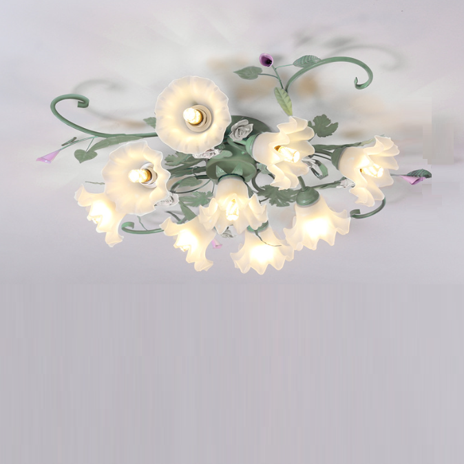 Traditionelle rustikale florale Rosenblatt Glas Eisen 4/5/6/9 Licht Semi-Flush-Mount-Deckenleuchte für Wohnzimmer 