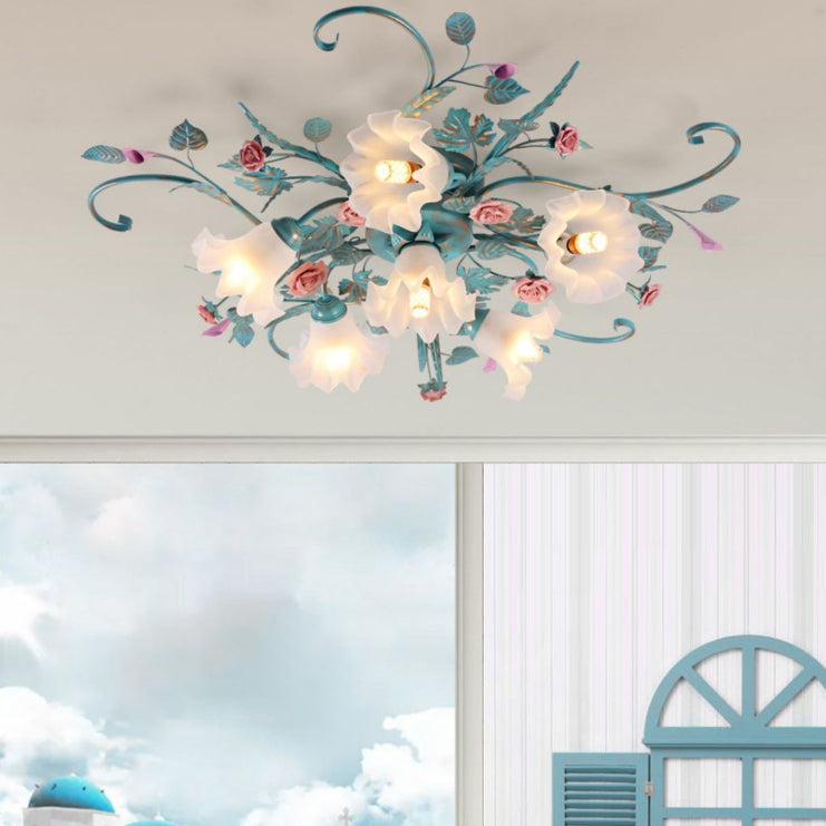 Traditionelle rustikale florale Rosenblatt Glas Eisen 4/5/6/9 Licht Semi-Flush-Mount-Deckenleuchte für Wohnzimmer 