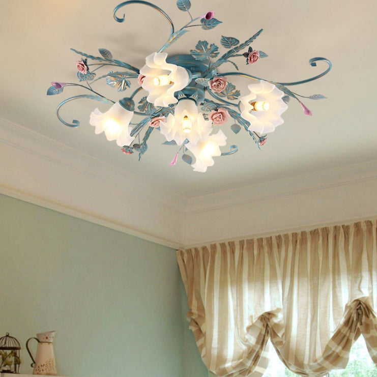 Traditionelle rustikale florale Rosenblatt Glas Eisen 4/5/6/9 Licht Semi-Flush-Mount-Deckenleuchte für Wohnzimmer 