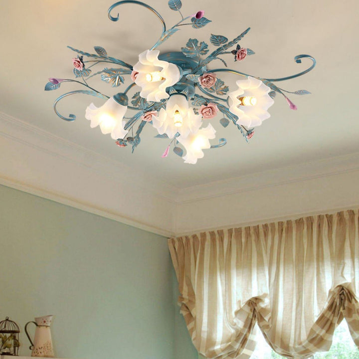Traditionelle rustikale florale Rosenblatt Glas Eisen 4/5/6/9 Licht Semi-Flush-Mount-Deckenleuchte für Wohnzimmer 