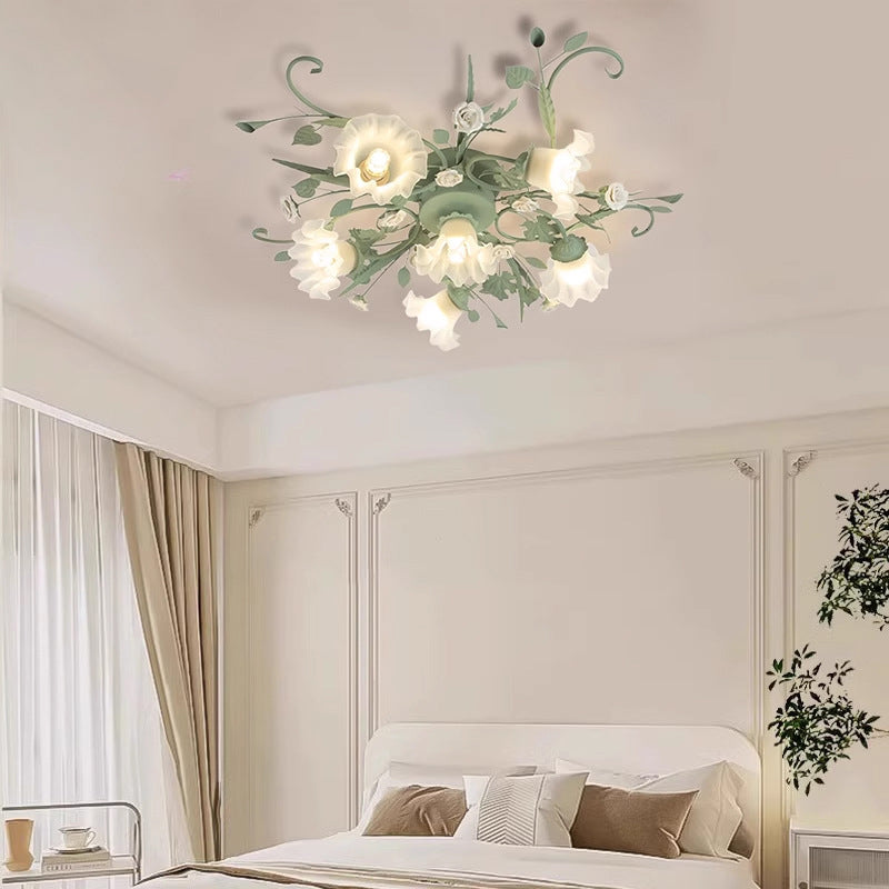 Traditionelle rustikale florale Rosenblatt Glas Eisen 4/5/6/9 Licht Semi-Flush-Mount-Deckenleuchte für Wohnzimmer 