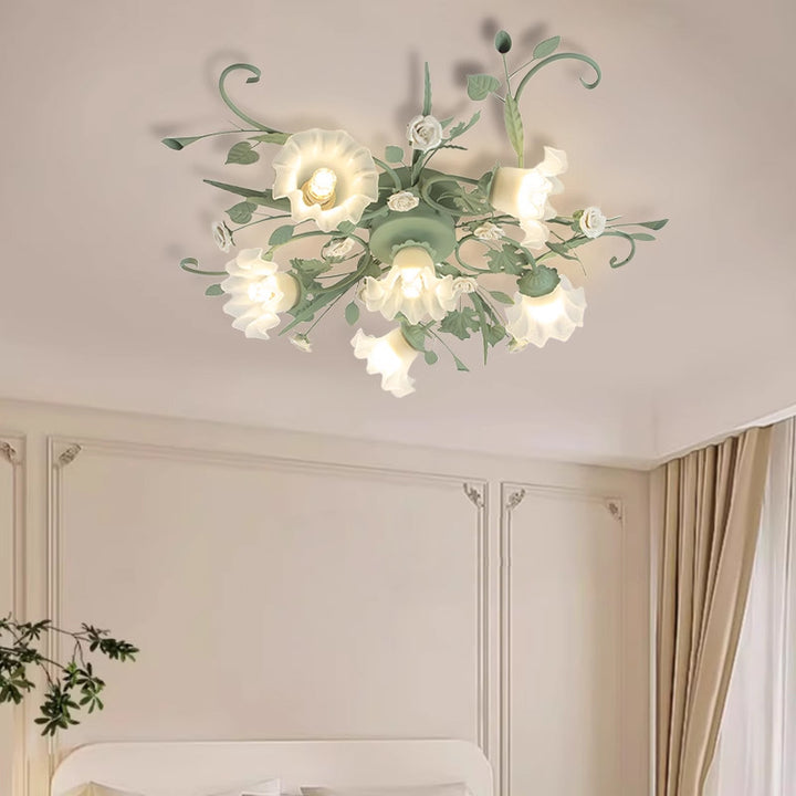 Traditionelle rustikale florale Rosenblatt Glas Eisen 4/5/6/9 Licht Semi-Flush-Mount-Deckenleuchte für Wohnzimmer 
