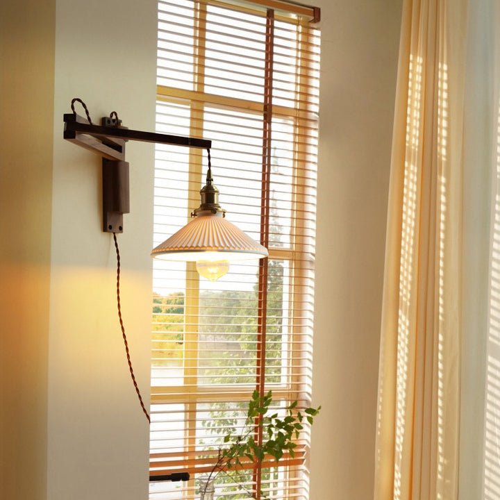 Traditional Vintage Conical Folding Retractable Ceramic Walnut Ash Wood Brass 1-Light Wall Sconce Lamp For Living Room