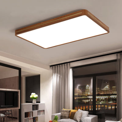 Traditional Chinese Square Rectangle Acrylic Wood Brass LED Flush Mount Ceiling Light For Living Room