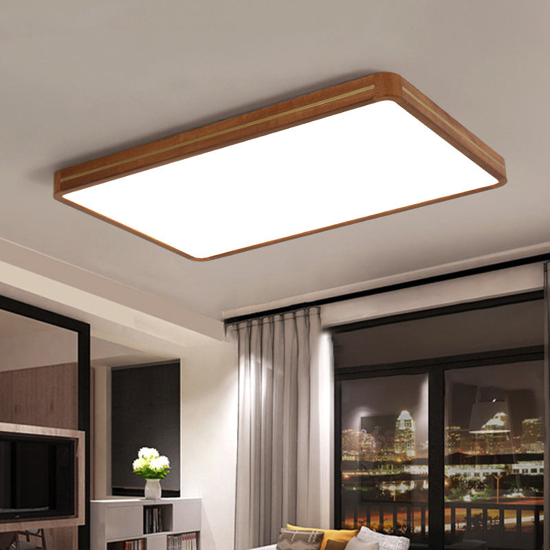 Traditional Chinese Square Rectangle Acrylic Wood Brass LED Flush Mount Ceiling Light For Living Room