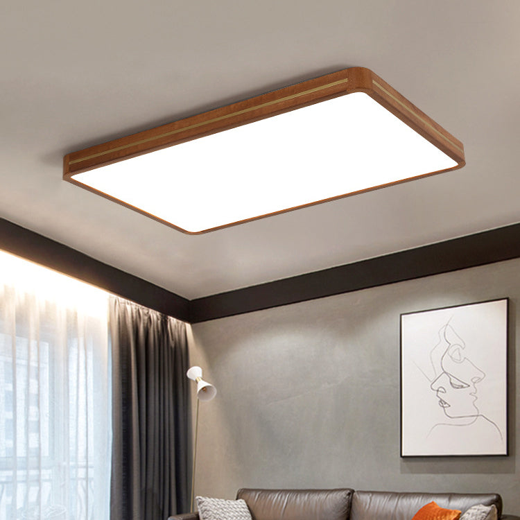 Traditional Chinese Square Rectangle Acrylic Wood Brass LED Flush Mount Ceiling Light For Living Room