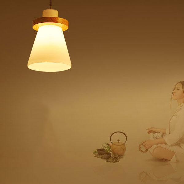 Traditionelle japanische konische runde Glas-Massivholz-Hängeleuchte mit 1 Licht für das Wohnzimmer 