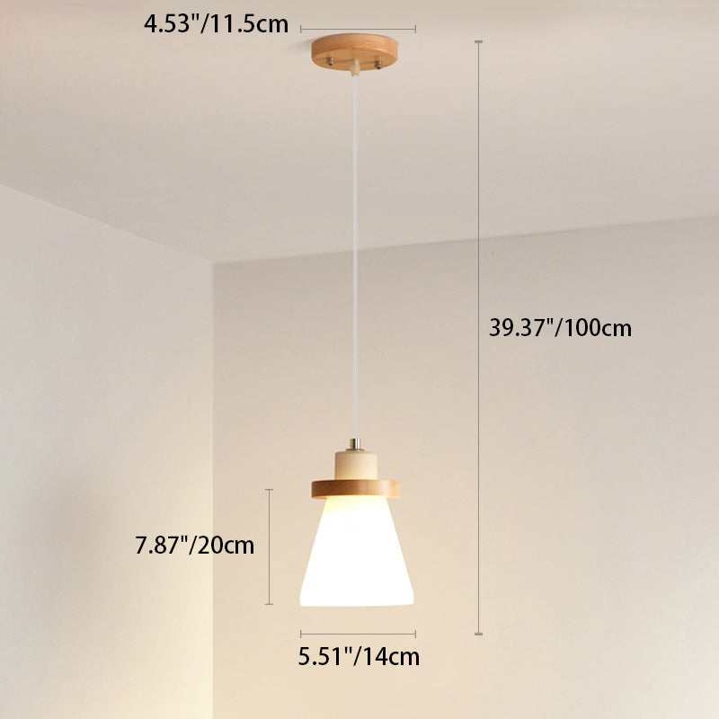 Traditionelle japanische konische runde Glas-Massivholz-Hängeleuchte mit 1 Licht für das Wohnzimmer 