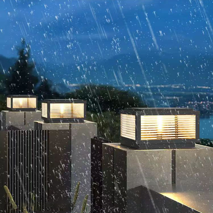 Carré Minimaliste Moderne à Rayures en Fer Galvanisé et Acier Inoxydable avec LED Solaire pour Paysage Extérieur pour Patio Extérieur 