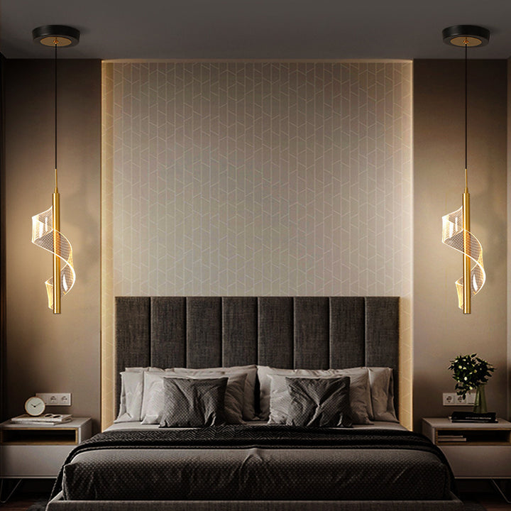 Zeitgenössische skandinavische gebogene lange Acryl-Eisen-LED-Pendelleuchte für das Wohnzimmer 