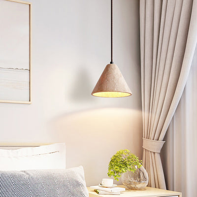 Traditional Chinese Conical Round White Travertine 1-Light Pendant Light For Living Room
