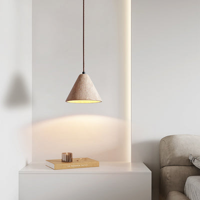 Traditional Chinese Conical Round White Travertine 1-Light Pendant Light For Living Room