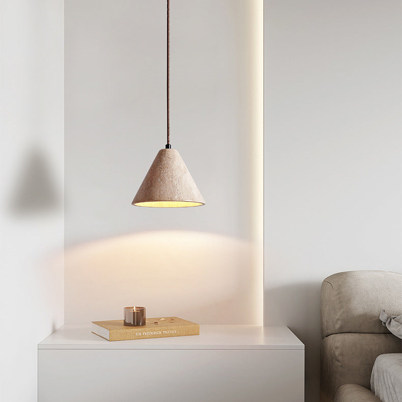 Traditional Chinese Conical Round White Travertine 1-Light Pendant Light For Living Room