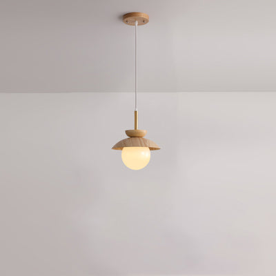 Luz colgante de 1 luz de hierro, roble y vidrio en forma de orbe redondo minimalista moderno para sala de estar 