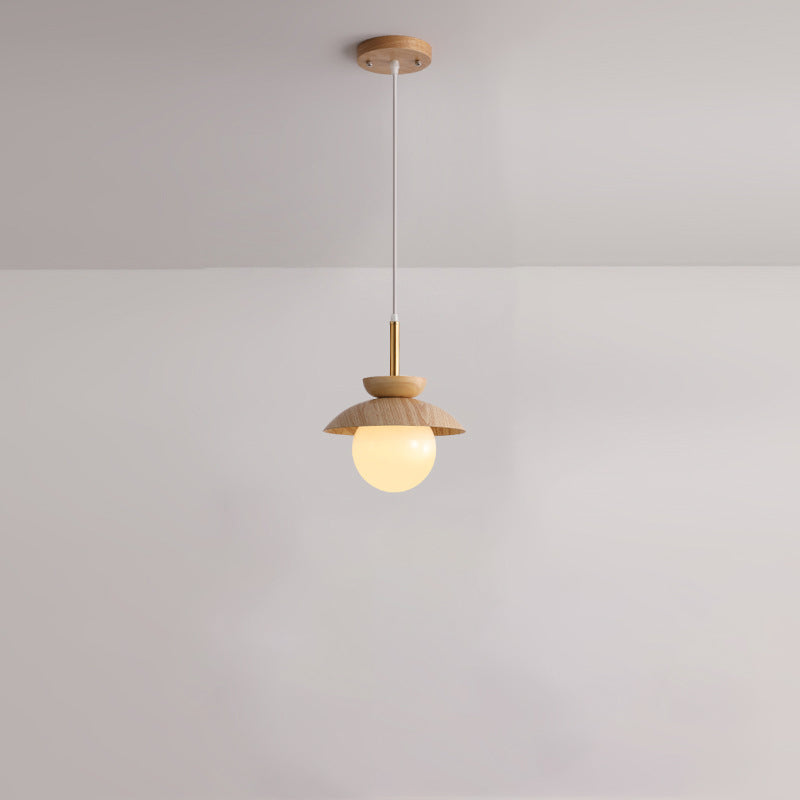 Luz colgante de 1 luz de hierro, roble y vidrio en forma de orbe redondo minimalista moderno para sala de estar 
