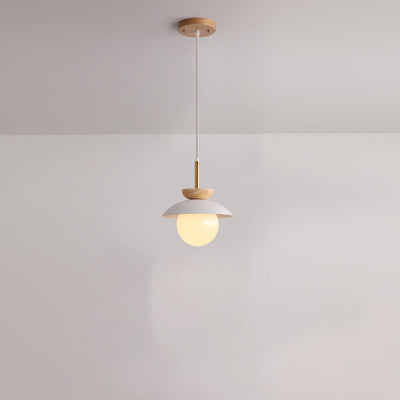 Luz colgante de 1 luz de hierro, roble y vidrio en forma de orbe redondo minimalista moderno para sala de estar 
