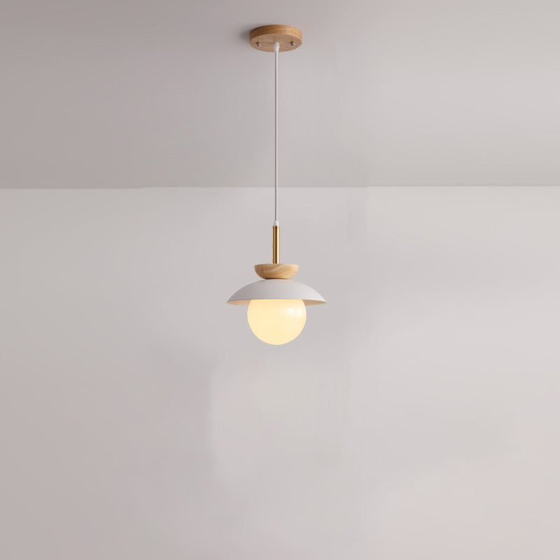 Luz colgante de 1 luz de hierro, roble y vidrio en forma de orbe redondo minimalista moderno para sala de estar 