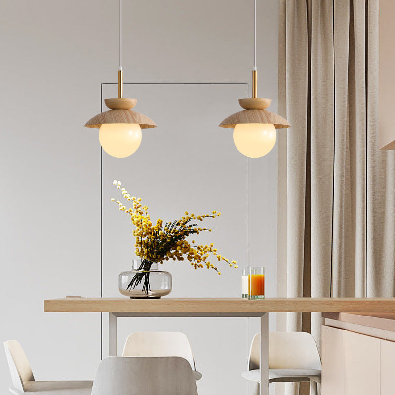 Luz colgante de 1 luz de hierro, roble y vidrio en forma de orbe redondo minimalista moderno para sala de estar 