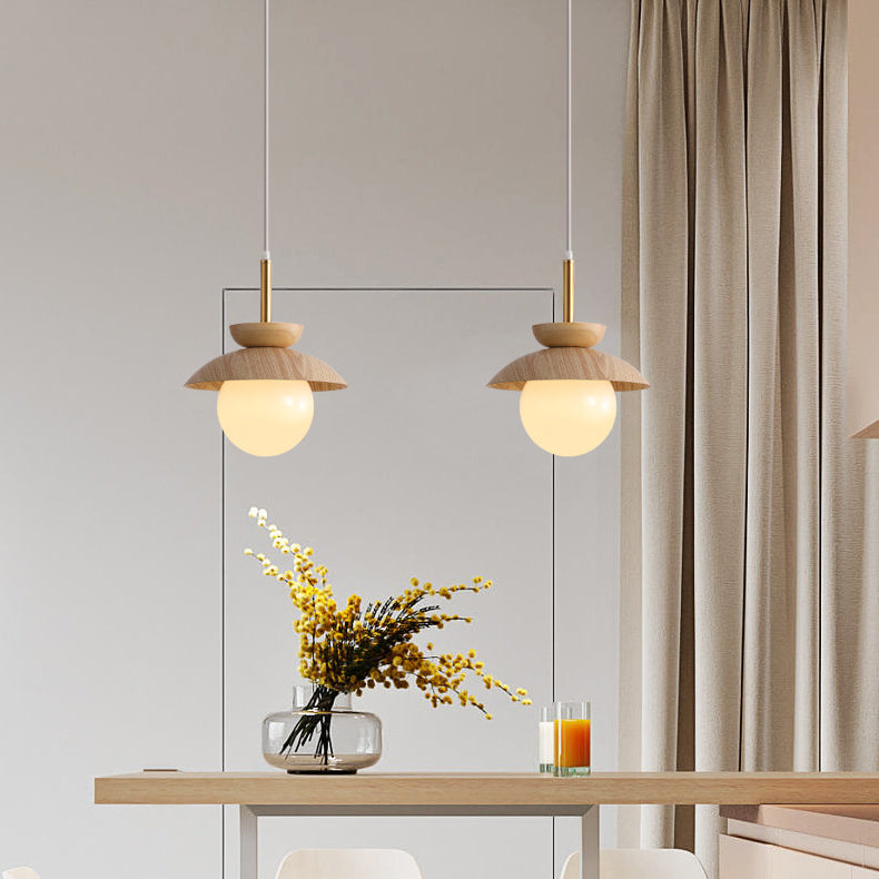 Luz colgante de 1 luz de hierro, roble y vidrio en forma de orbe redondo minimalista moderno para sala de estar 