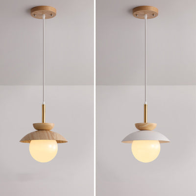 Luz colgante de 1 luz de hierro, roble y vidrio en forma de orbe redondo minimalista moderno para sala de estar 