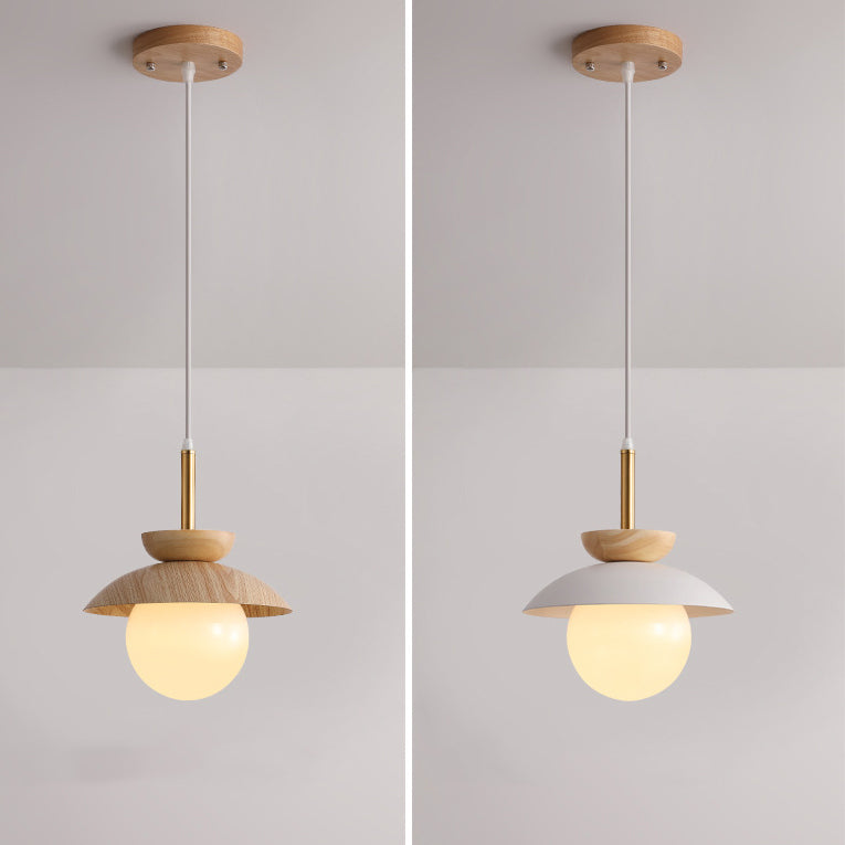 Luz colgante de 1 luz de hierro, roble y vidrio en forma de orbe redondo minimalista moderno para sala de estar 
