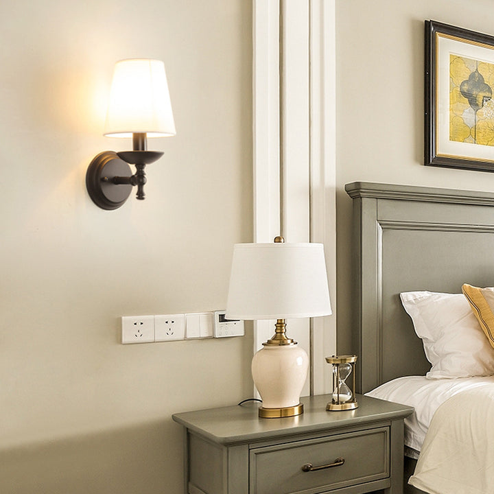 Traditional Rustic Round Cylinder Fabric Iron 1-Light Wall Sconce Lamp For Bedroom