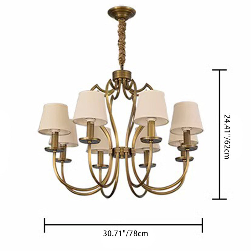 Traditional Vintage Curved Branch Round Line Fabric Copper 6/8 Lights Chandelier For Living Room