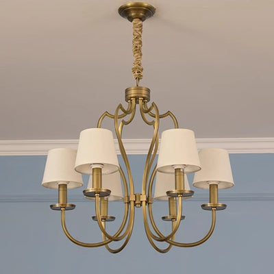 Traditional Vintage Curved Branch Round Line Fabric Copper 6/8 Lights Chandelier For Living Room