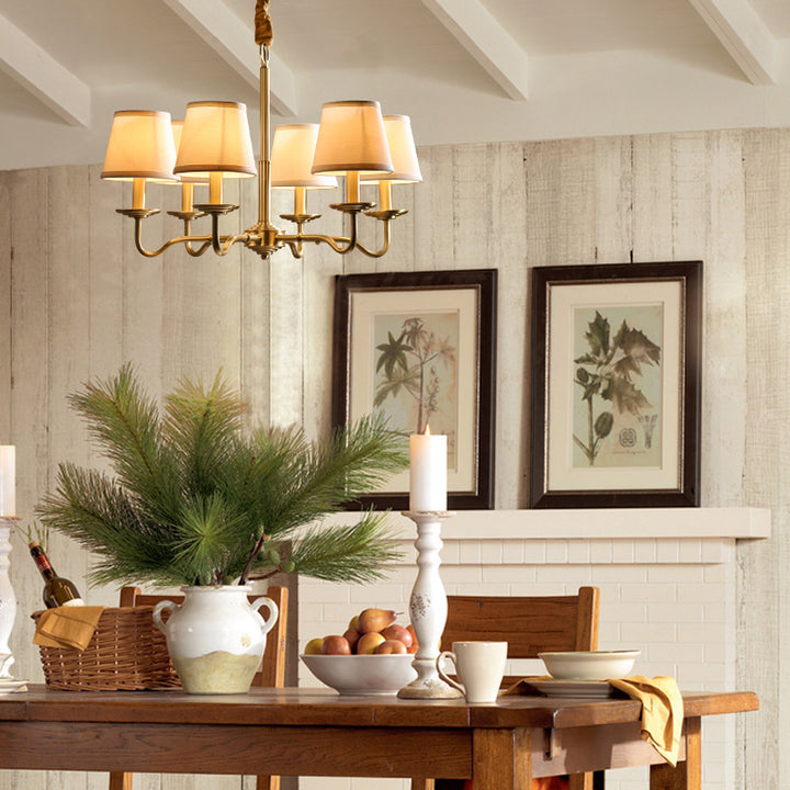 Lustre traditionnel vintage en tissu de cuivre avec branches et cylindres courbés pour salon, disponible en 4/6/8 lumières 